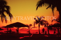 ANTIGUA, sunset with coconut trees and sunshades in silhouette, ANT995JPL