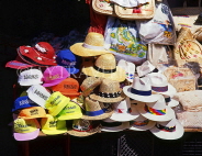 BAHAMAS, New Providence Island, Nassau, Straw Market, sun hats for sale, BAH336JPL