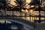 BAHRAIN, Al Jasra, house pool and terrace by the sea, sunset view, BHR1547JPL