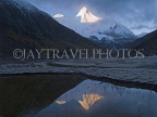 CHINA, Sichuan Province, Yading National Park, Yanmaiyang holy Tibetan peak reflected in lake, dawn, CH1508JPL