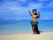 COOK ISLANDS, Rarotonga, beach, Maori dancer in traditional island dress, CI116JPL