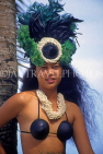 COOK ISLANDS, Rarotonga, beach, Maori dancer in traditional island dress, CI129JPL