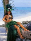 COOK ISLANDS, Rarotonga, beach, Maori dancer in traditional island dress, CI766JPL