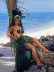 COOK ISLANDS, Rarotonga, beach, Maori girl in traditional island dress, CI767JPL