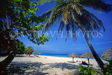 CUBA, Varadero, beach, thatched sunshades and coconut tree, CUB251JPL