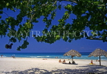 CUBA, Varadero, beach and sunshades, view through Sea-grape tree, CUB157JPL
