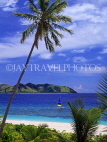 FIJI, Mamanuca Islands, Matamanoa Island, coast, coconut tree and sailboat at sea, FIJ687JPL