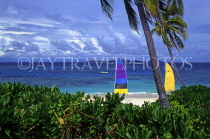 FIJI, Mamanuca Islands, Matamanoa Island, coast and sea view with sailboats, FIJ1122JPL