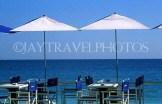 FRANCE, Provence, Cote d'Azure, MENTON, seafront restaurant, table and chairs, FRA1473JPL