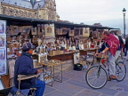 France, PARIS, Latin Quarter, man on bicycle browing by the stalls (along River Seine), FRA1681JPL