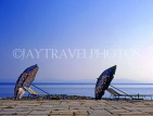 Greek Islands, KOS, Kos Town, sunbeds with parasols, along waterfront, GIS1224JPL