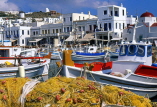 Greek Islands, MYKONOS, Hora, fishing boats and nets, GIS564JPL