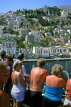 Greek Islands, SYMI, Egialo town, tourists in ship approaching, GIS762JPL
