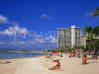 Hawaiian Islands, OAHU, Waikiki Beach and sunbathers, HAW279JPL