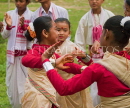 INDIA, Assam, Rongali Bihu Assamese New Year festival, girls dancing, IND1459JPL