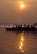 INDIA, Uttar Pradesh, VARANASI, River Ganges sunrise, boat with people, IND994JPL