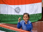 INDIA, West Bengal, Darjeeling, Nepali schoolgirl under Indian flag, IND1421JPL