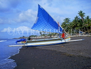 Indonesia, BALI, Kusamba Fishing Village, fishing boat on black volcanic sand beach, BAL653JPL
