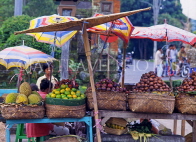 Indonesia, BALI, fruit stall, from left, Durian, Orange & Rambutan, Mangosteen and Salak, BAL632JPL