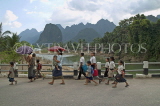 LAOS, Central Highlands, Vang Vieng, Mekong River, children going to school, LAO119JPL