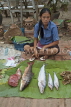 LAOS, Luang Prabang, Mekong River, market scene, vendor selling fish, LAO126JPL