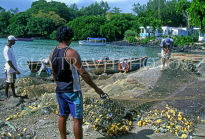 MAURITIUS, Ile Aux Cerfs coast, fishermen sorting out nets, MRU329JPL