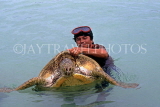 MEXICO, Yucatan, COZUMEL, man with turtle at sea, MEX526JPL