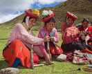 PERU, Chupani, Andean Mountains, traditional weaving, women preparing a backstrap loom, PER77JPL