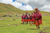PERU, Chupani, Andean Mountains, traditional weaving, women walking along, spinning yarn, PER95JPL