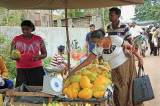 SRI LANKA, Negombo, market, fruit and vegetable market, Papaya stall, vendor and shopper, SK2729JPL