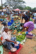 SRI LANKA, Negombo, market scene, fruit and vegetable market, vendor and shopper, SLK2657JPL