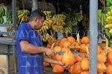SRI LANKA, rural scene, roadside fruit stall, vendor cutting open a king coconut (Thambili), SLK4562JPL