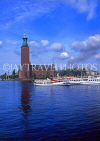 SWEDEN, Stockholm, City Hall (Stadshuset) and pleasure boat, SWE150JPL