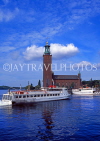 SWEDEN, Stockholm, City Hall (Stadshuset) and pleasure boat, SWE151JPL