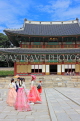 South Korea, SEOUL, Changdeokgung Palace, Injeongjeon (Throne Hall), visitor in Hanbok attire, SK198JPL
