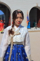 South Korea, SEOUL, Gyeongbokgung Palace, visitor in traditional Hanbok attire, SK497JPL