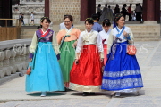 South Korea, SEOUL, Gyeongbokgung Palace, visitors in colourful Hanbok attire, SK374JPL