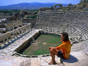 TURKEY, Aphrodisias, ancient theatre and tourist, TUR239JPL