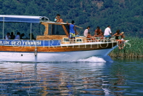 TURKEY, Dalyan Coast, Lake Koycegiz, tourists on boat trip, TUR664JPL