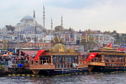TURKEY, Istanbul, Eminonu Waterfront, floating cafes, Blue Mosque in background, TUR1010JPL