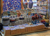 TURKEY, Istanbul, Grand Bazaar (Kapali Carsi), colourful ceramics display in shop,TUR1245JPL