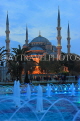 TURKEY, Istanbul, Sultan Ahmet Mosque (Blue Mosque), and fountain, dusk view, TUR814JPL