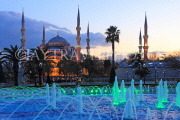TURKEY, Istanbul, Sultan Ahmet Mosque (Blue Mosque), and fountain, night view, TUR1332JPL
