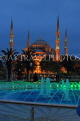 TURKEY, Istanbul, Sultan Ahmet Mosque (Blue Mosque), and fountain, night view, TUR796JPL
