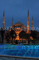 TURKEY, Istanbul, Sultan Ahmet Mosque (Blue Mosque), and fountain, night view, TUR797JPL