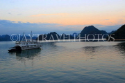 VIETNAM, Halong Bay, dawn, limestone formations and moored cruise boat, VT1819JPL