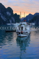 VIETNAM, Halong Bay, dawn, limestone formations and moored cruise boats, VT1823JPL