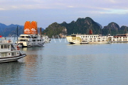 VIETNAM, Halong Bay, moored cruise boats and limestone formations, VT1827JPL