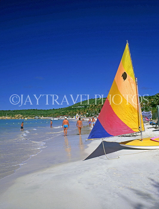ANTIGUA, Dickinson Bay, beach and sunfish saiboat, ANT664JPL
