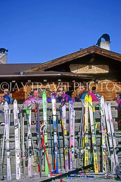 AUSTRIA, Tyrol, Zillertal, Alps, log cabin and skis, AST555JPL